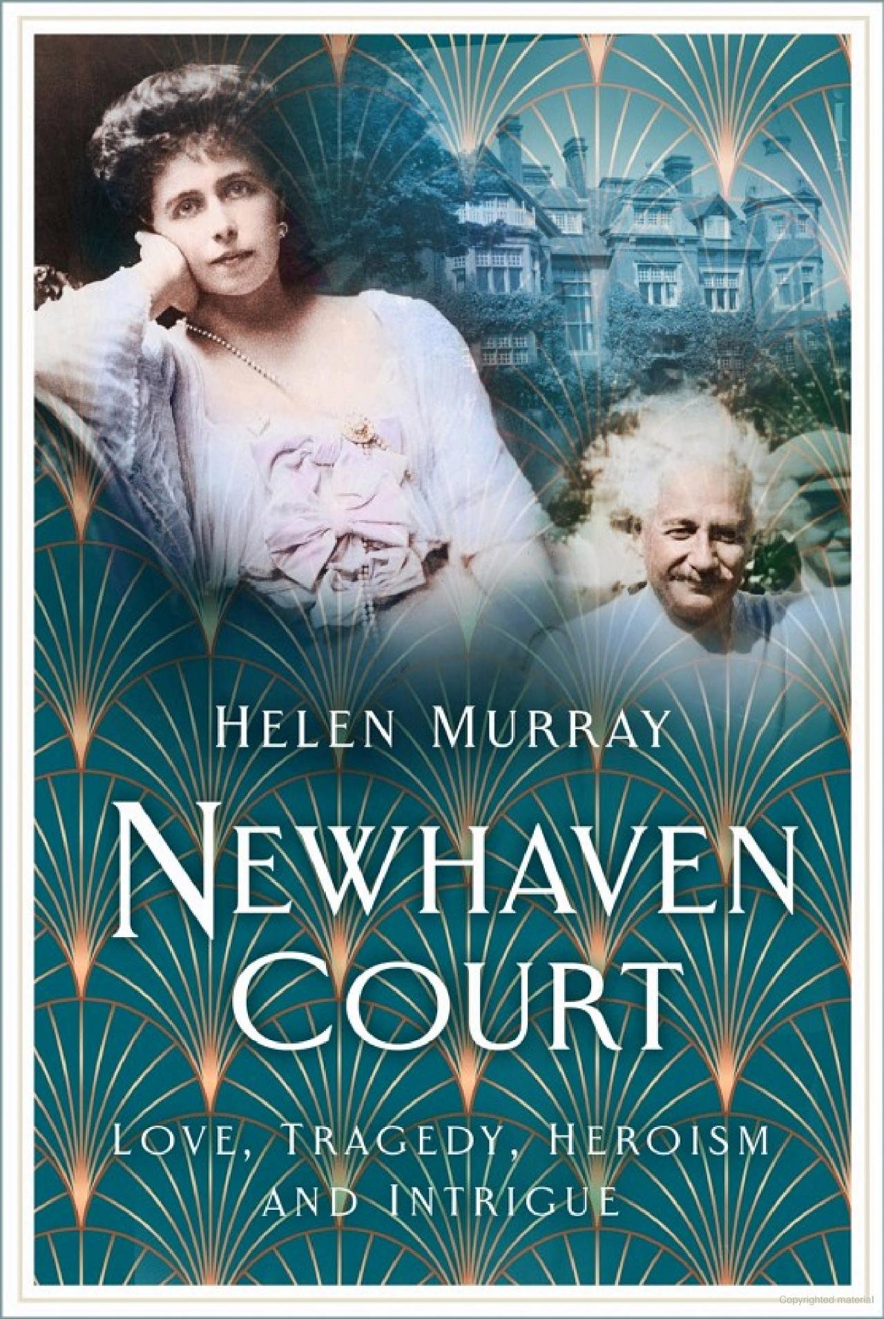 Woman in Edwardian costume reclining with an image of a large house behind her