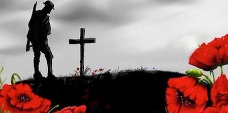 world war one soldier looking at a cross in a poppy field